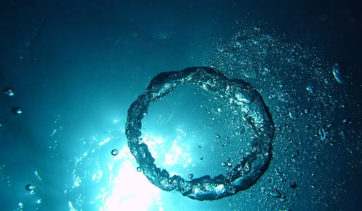 Circular ring of bubbles rising in blue aquarium water, illustrating aeration in action