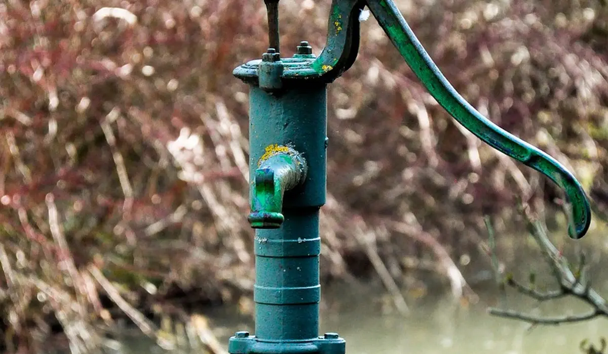 Close-up of a green outdoor valve handle with a blurred natural background