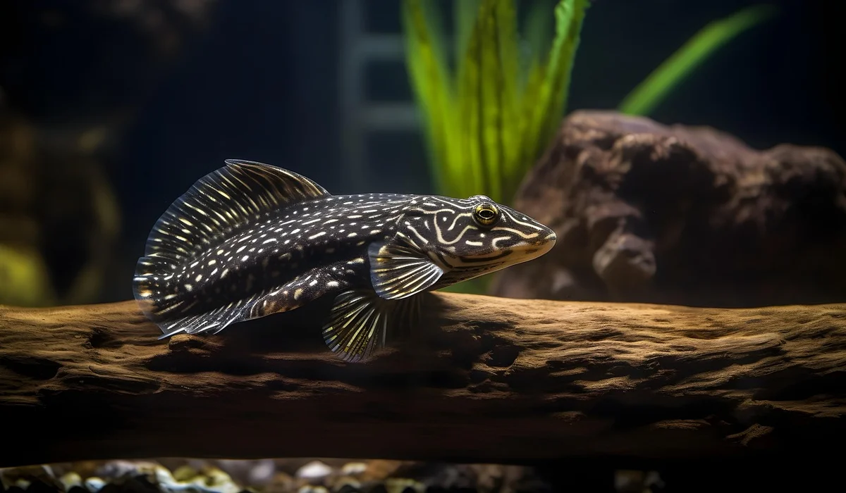 Speckled freshwater fish swimming on a log-like piece of driftwood inside an aquarium.