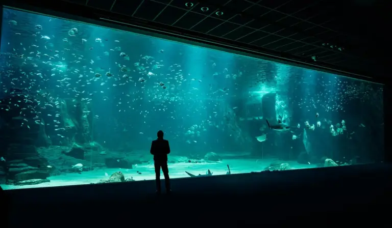 A silhouette of a person standing in front of a large aquarium filled with fish in a dark room.