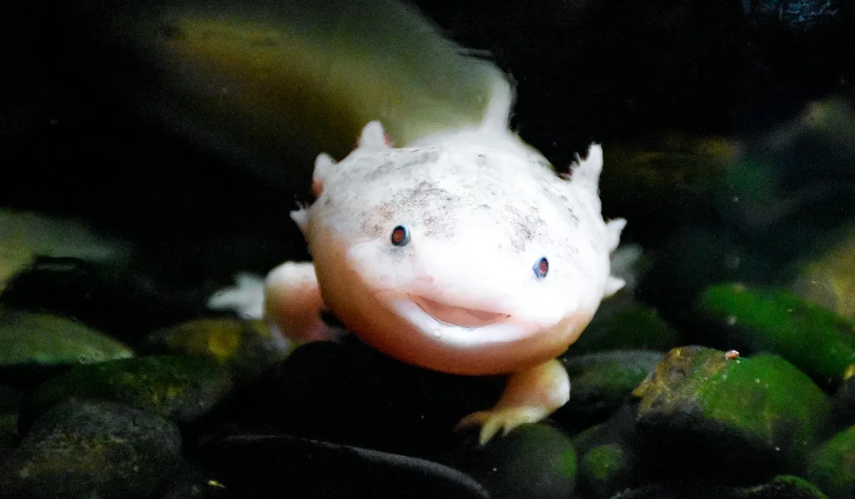 White axolotl in a 20-gallon aquarium with dark rocks
