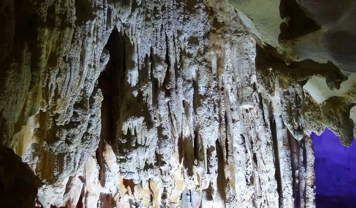 Cave interior featuring stalactites and stalagmites formed from mineral deposits, illuminated with a purple light.