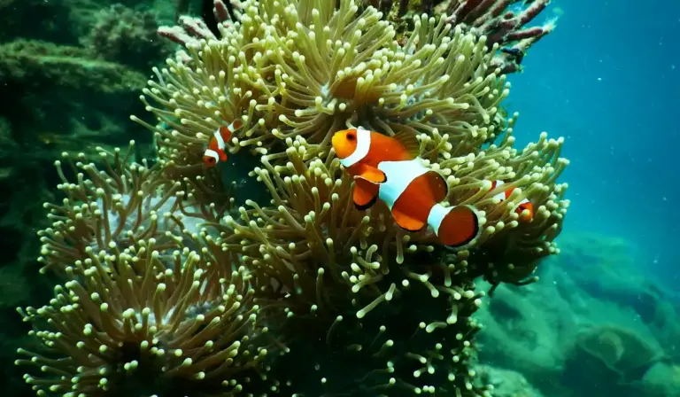Clownfish swimming among a sea anemone in a coral reef.