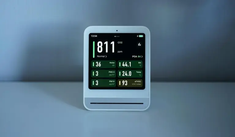 Compact CO2 monitor displaying multiple readings on a blue desk