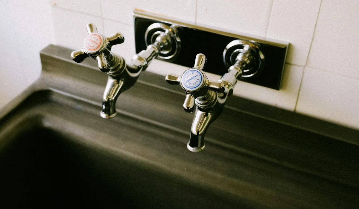 Two wall-mounted faucet taps over a stainless steel sink, one with a red marker and one with a blue marker, used for selecting tap or RO water.