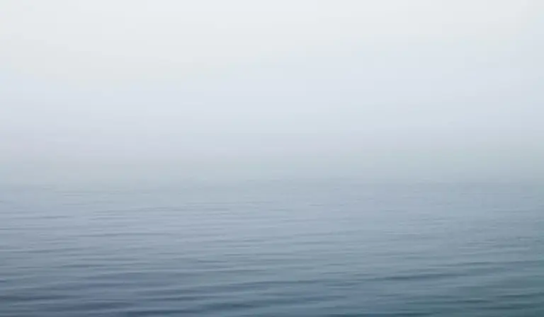 Calm ocean surface with a pale, foggy sky and a distant horizon.