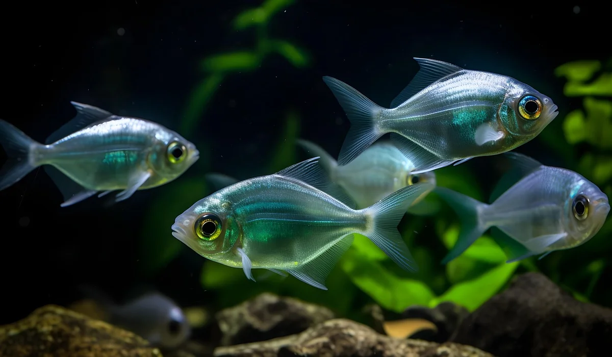 A group of small silver schooling fish swim through a lush planted aquarium with rocks and green aquatic plants.