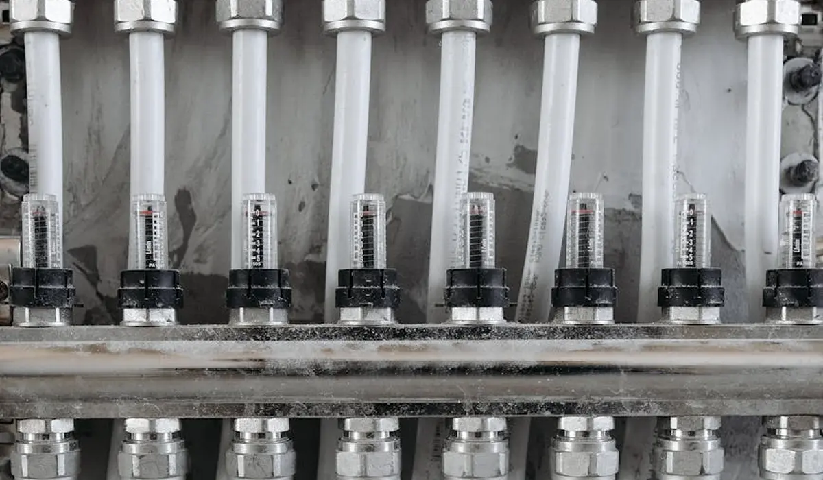 Close-up of a reverse osmosis filter manifold with multiple cylindrical membranes and metal fittings