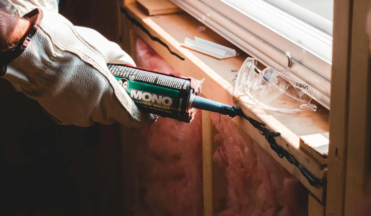 A gloved hand applies silicone sealant from a MONO tube using a caulking gun; protective safety goggles sit on the windowsill, with pink insulation exposed in the background.