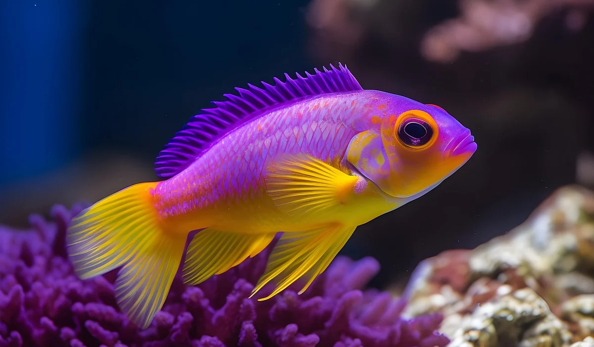 Colorful tropical fish with a purple body and bright yellow fins swimming near purple coral in a clear aquarium.