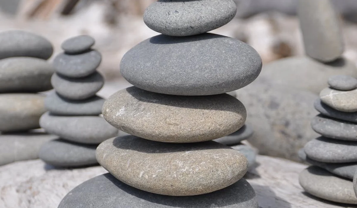 Close-up of smooth, stacked river stones forming a focal hardscape in an aquascape.