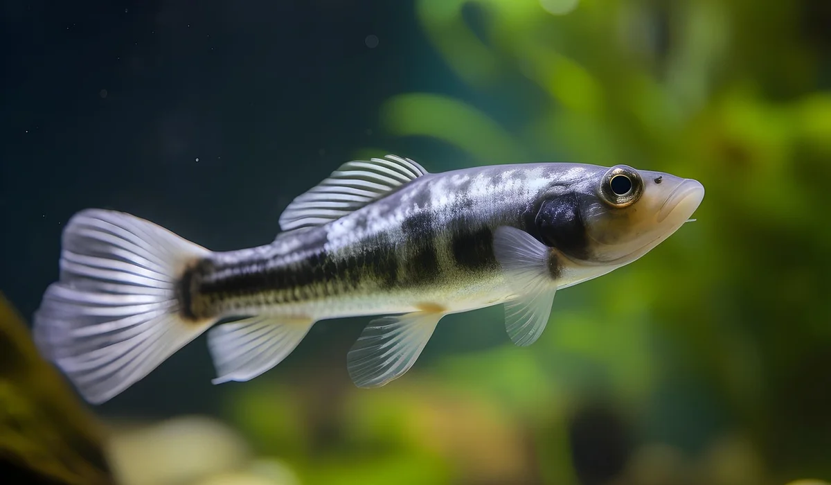 Close-up of a small striped freshwater fish swimming in an aquarium with green plants in the background