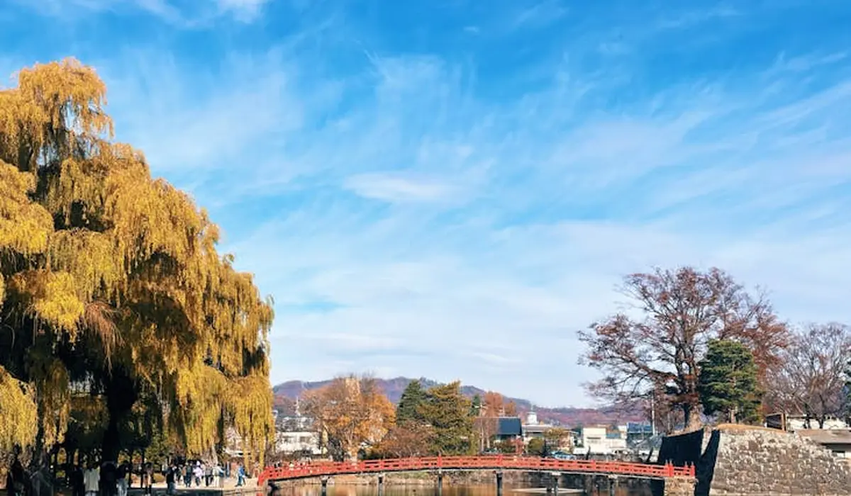 Landscape with blue sky, golden trees, and a red bridge over a river