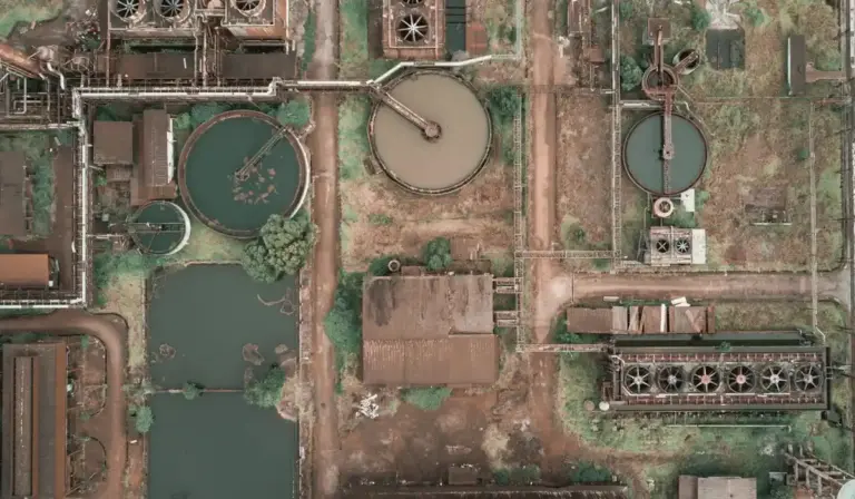 Aerial view of a large water treatment facility with circular clarifiers, tanks, and extensive piping, illustrating water purification processes.