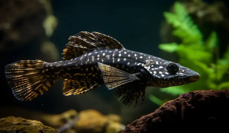 A spotted pleco swimming through a freshwater aquarium with rocks and green plants in the background.