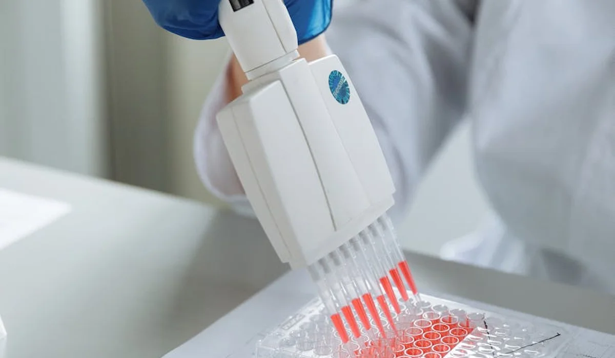 Scientist wearing blue gloves and a white lab coat uses a multi-channel pipette to dispense samples into a microplate.