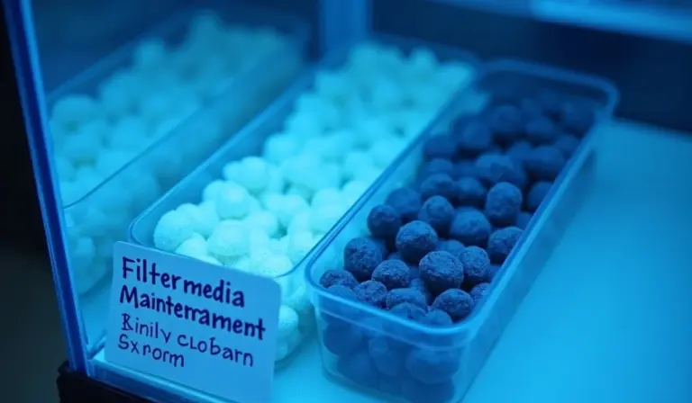 Blue-tinted close-up of aquarium filter media beads in clear plastic trays inside an aquarium setup.