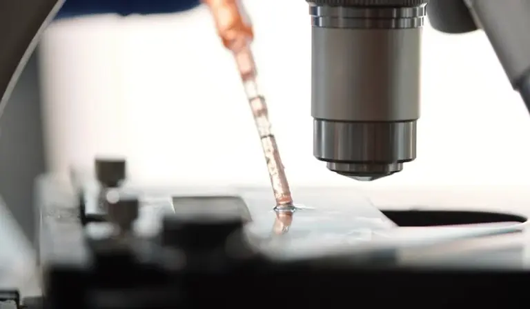 Close-up of laboratory equipment, including a pipette and a microscope, used in aquarium water testing.