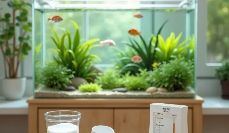 A planted freshwater aquarium with small red fish, viewed from the front, with baking soda and a measuring cup in the foreground.