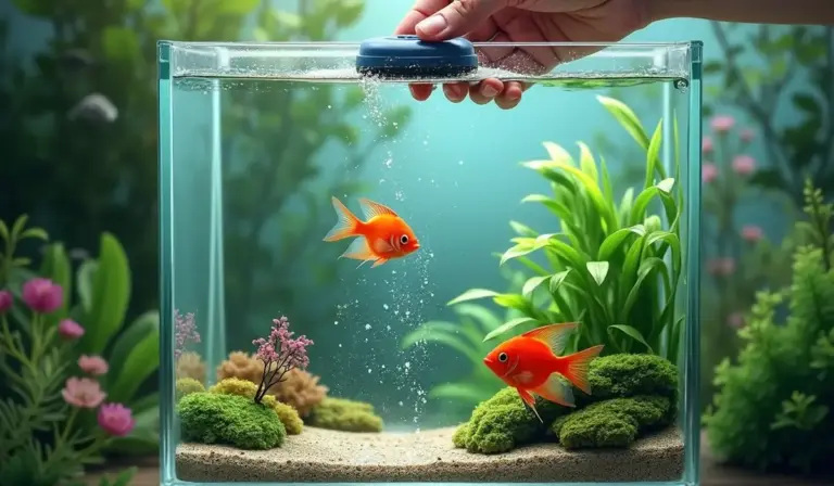 Two orange goldfish swim in a small, planted aquarium with green plants and a hand on the lid.