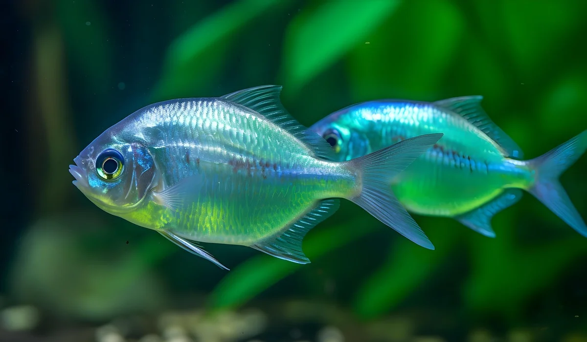 Two small silvery-blue fish swimming among green aquatic plants in a freshwater aquarium