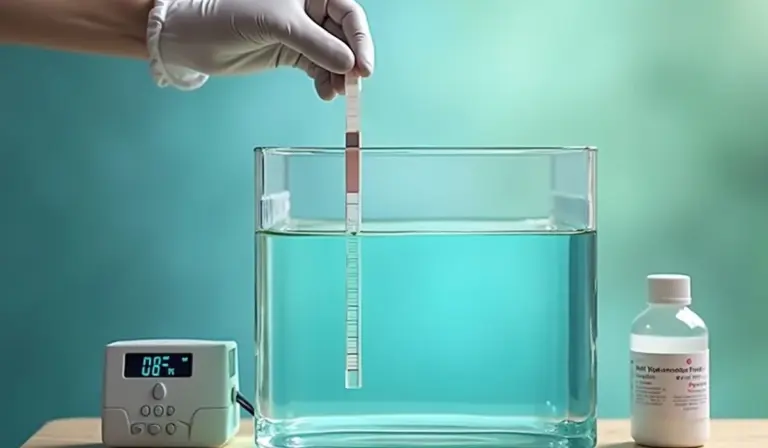 Gloved hand holds a pH test strip over a glass aquarium; a digital pH meter sits on the left and a bottle of adjustment chemical on the right.