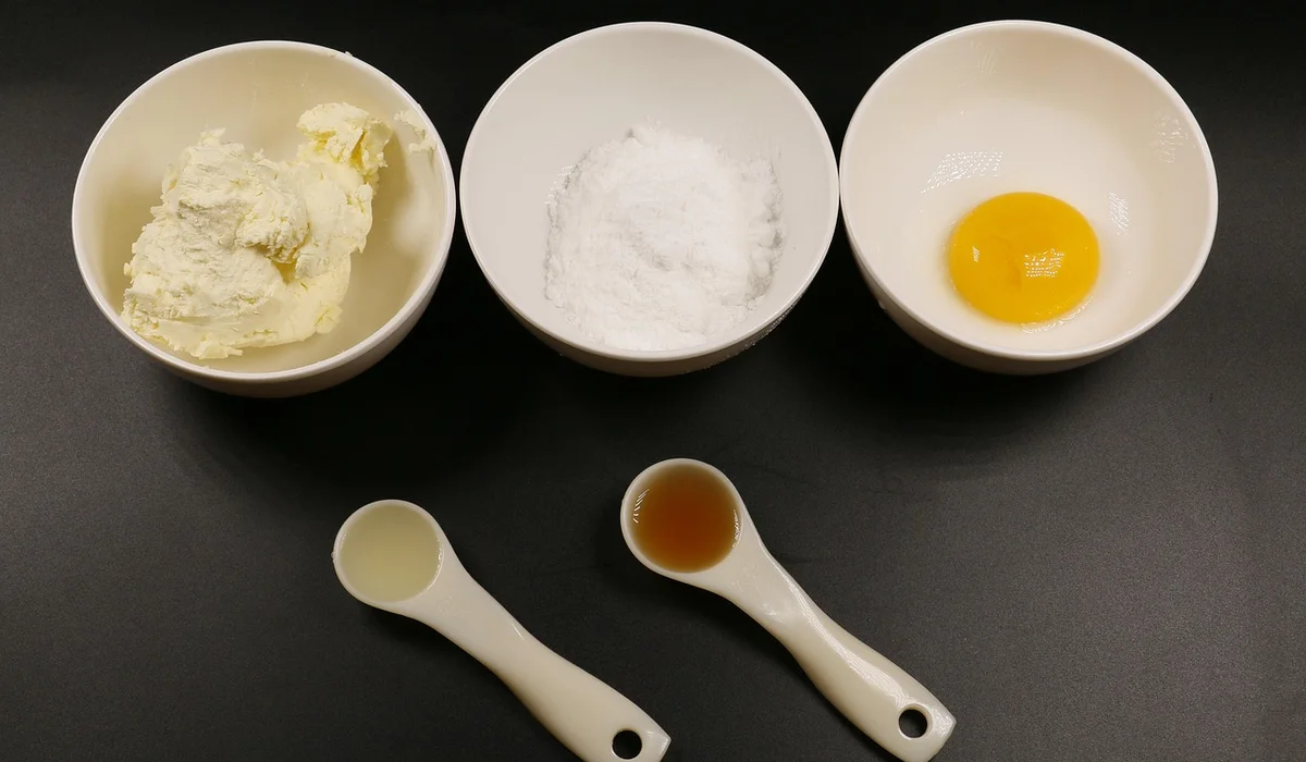 Top-down view of a kitchen setup with a mound of baking soda in a white bowl, a second bowl with white powder, an egg yolk in another bowl, and two white measuring spoons on a dark surface.
