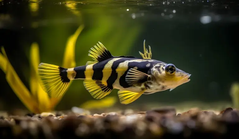 Striped freshwater aquarium fish with black and yellow bands swimming near the gravel in a planted tank