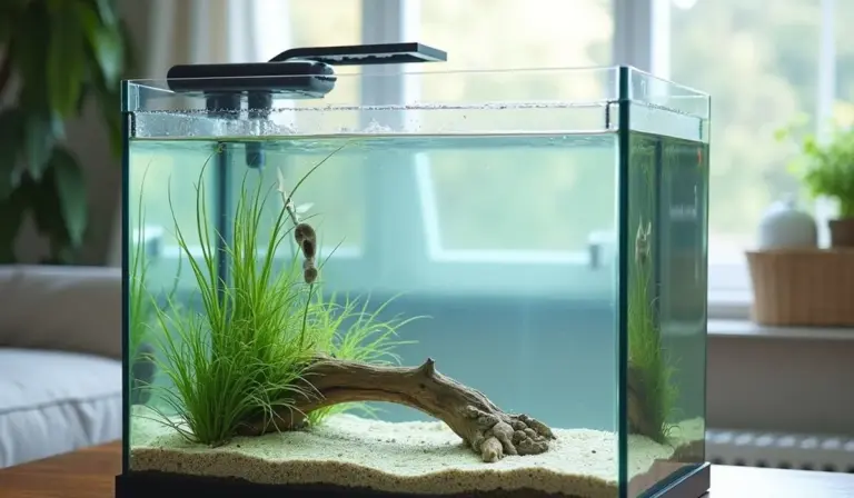 A small rectangular home aquarium with sand substrate, driftwood, and green aquatic plants. Clear water with a light on top; slight biofilm or algae may be forming on the glass.