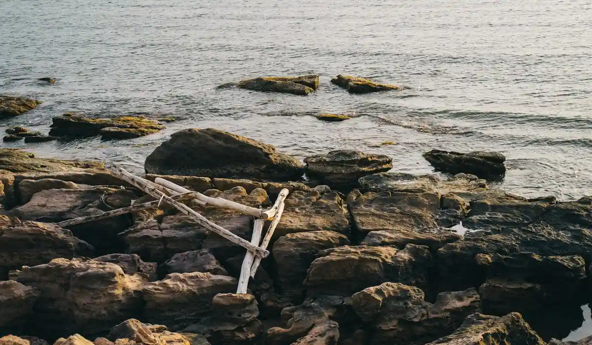 Rocky shoreline with large stones and a weathered driftwood log arranged in a cross-like shape near calm water.