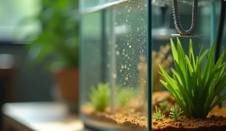 Close-up of a newly set up freshwater aquarium with brown diatoms forming on the glass and substrate, with green plants in the background.