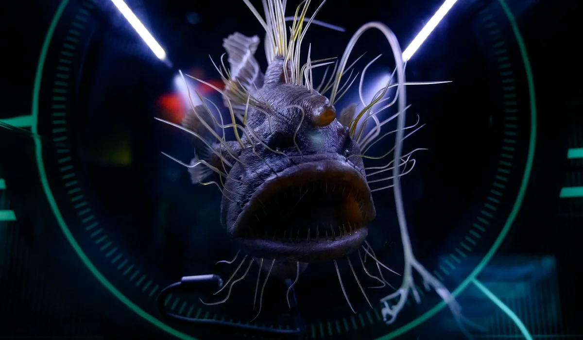 Close-up of a strange deep-sea fish with filament-like appendages inside an aquarium, illuminated by neon lights and circular display rings.