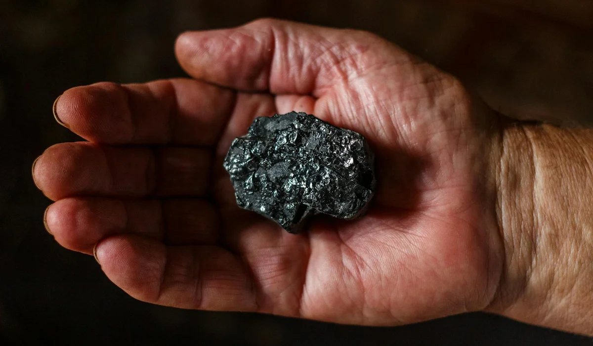 A close-up of a hand holding a chunk of activated carbon