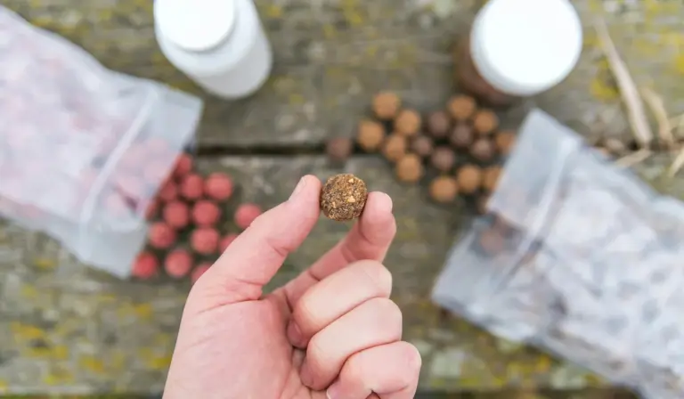 Close-up of a hand holding a small round fish food pellet with jars and bags of fish food in the background on a wooden surface.