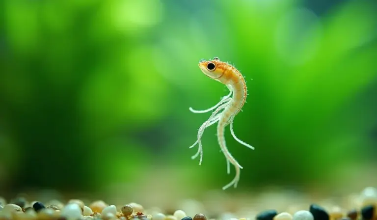 Small translucent hydra with hanging tentacles floating above a gravel substrate in a green aquarium backdrop.