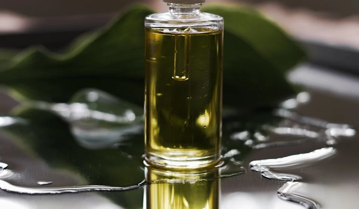 Close-up of a glass bottle containing a pale yellow liquid on a reflective surface.