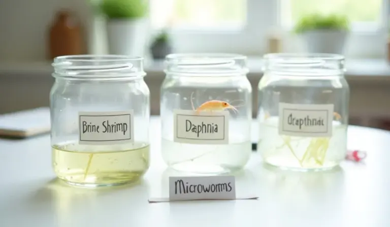Three glass jars labeled Brine Shrimp, Daphnia, and Microworms sit on a white surface, illustrating live food cultures for aquarium fish.