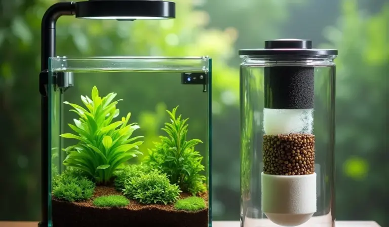 Planted freshwater aquarium on the left with lush green plants; on the right is a canister filter showing stacked media inside.