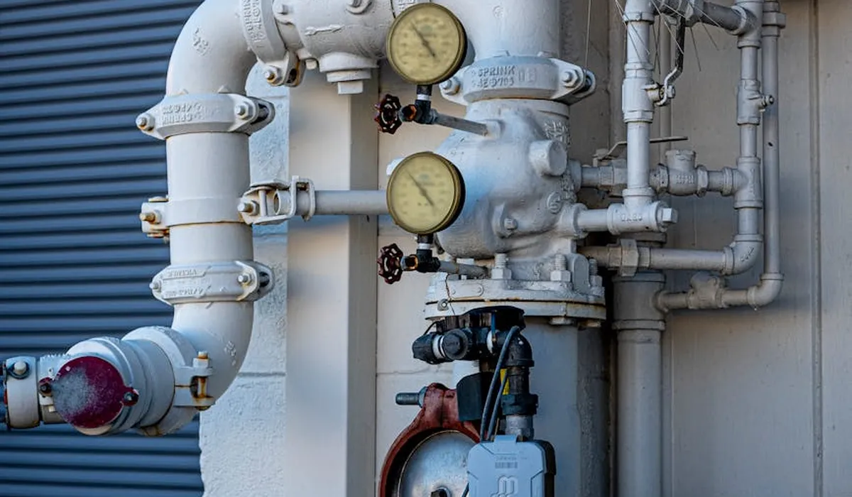 Industrial piping with pressure gauges and valves