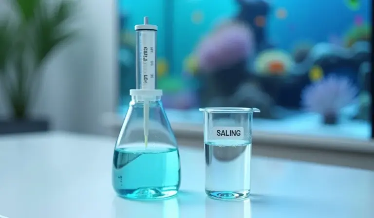 Laboratory scene showing a blue solution in a conical flask, a syringe, and a small beaker labeled 'SALING' on a white surface, prepared for salinity testing.