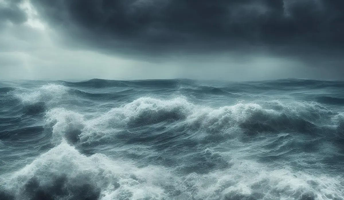 Stormy ocean with large waves and a dark, ominous sky
