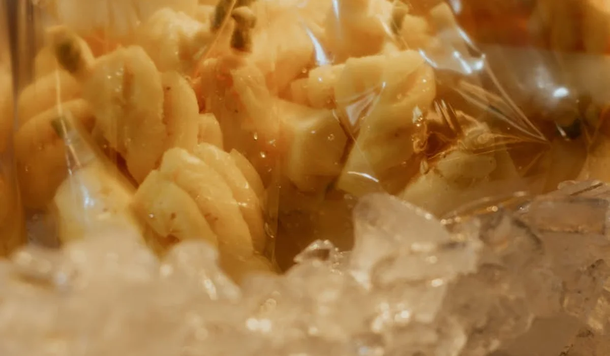Close-up of light-colored frozen shrimp pieces in plastic packaging with ice at the bottom.