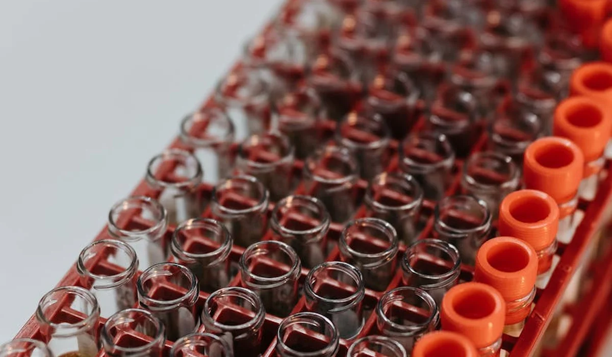 Close-up of rows of lab test tubes filled with red liquid in a rack, used to read aquarium water for nitrogen cycle indicators.