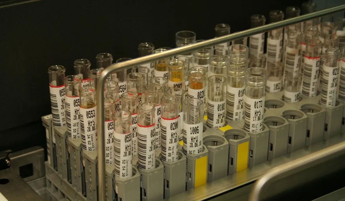 Row of labeled glass vials in a laboratory rack, used for water testing in aquariums.