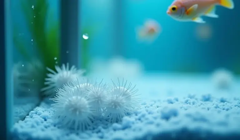 Close-up of white, fuzzy, starburst-like growths on blue aquarium gravel with small tropical fish blurred in the background.